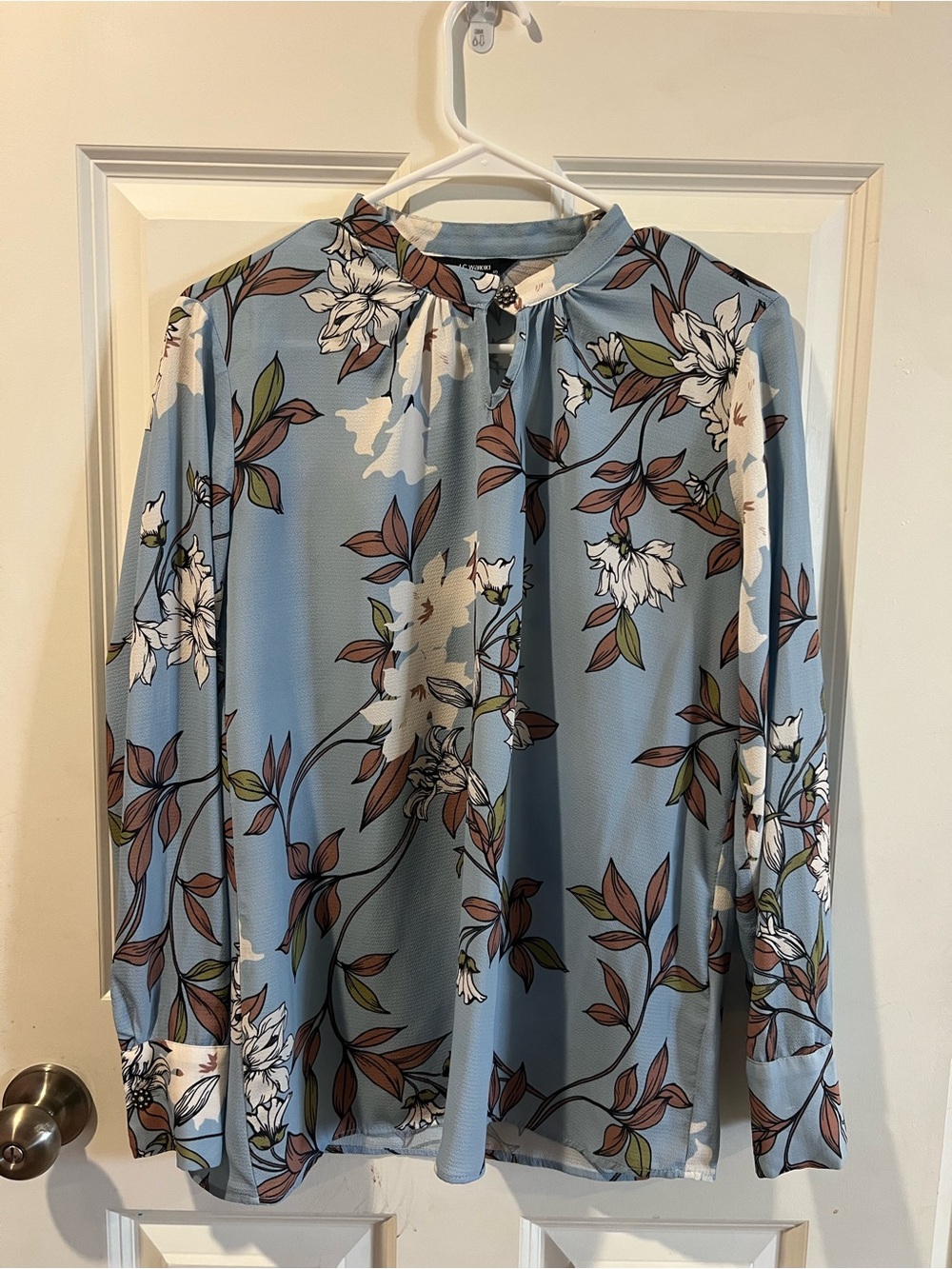 Light Blue Floral Tie-Neck Blouse
